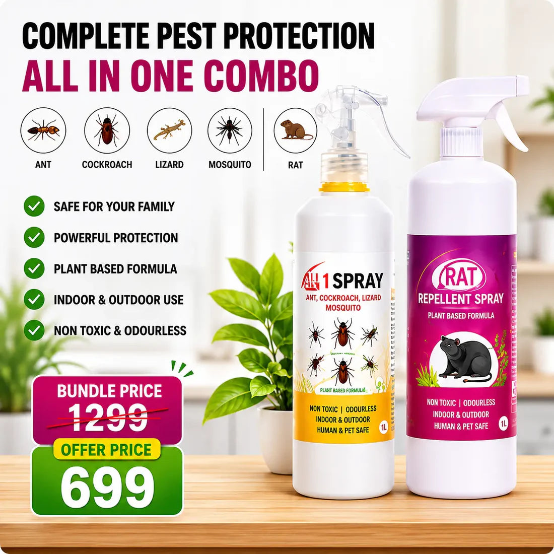 All-in-One Pest Control Combo | Rodent, Cockroach, Ant & Lizard Repellent Spray for Complete Home Safety